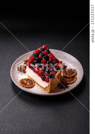 Pie, cheesecake with raspberries and blackberries, mascarpone cheese. Piece of cheesecake Pie, cheesecake with raspberries and blackberries, mascarpone cheese. Piece of cheesecake 131225317