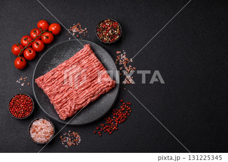 Raw ground beef meat food, ingredient for making cutlets or meatballs. Raw ground beef 131225345