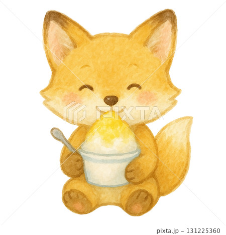 【夏】かき氷を持ったキツネのイラスト/レモンシロップ 131225360
