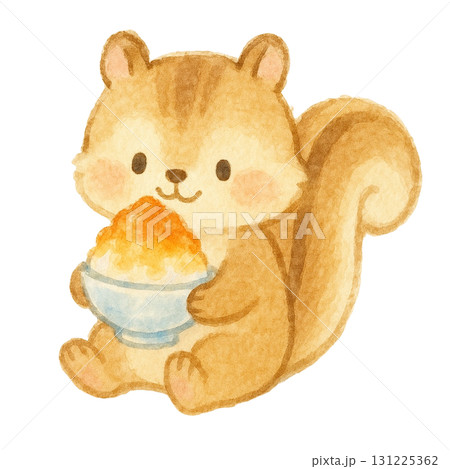 【夏】かき氷を持ったリスのイラスト/オレンジシロップ 131225362