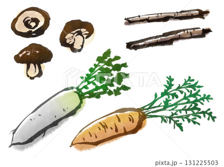 椎茸と牛蒡とにんじんと大根の墨絵 椎茸と牛蒡とにんじんと大根の墨絵 131225503