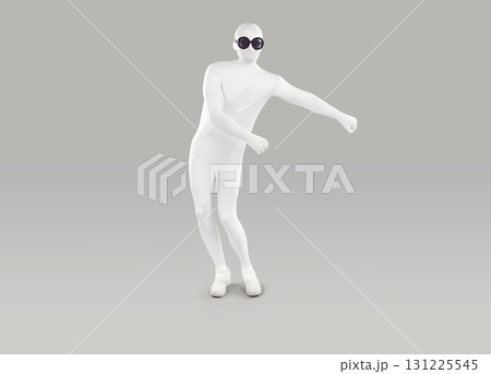 Funny man man in white spandex suit and sunglasses doing floss dance on gray background Funny man man in white spandex suit and sunglasses doing floss dance on gray background 131225545