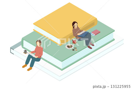 アイソメトリックイラスト：本の上で読書する人 131225955