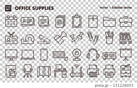 Office supplies and office supplies icon illustration set. EPS version can be edited to change line thickness, etc. 131226055