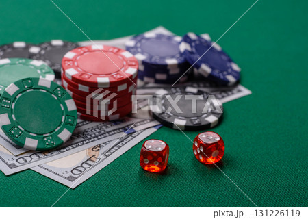 Dice game Craps in casino with chips, bets and risk. Craps game Dice game Craps in casino with chips, bets and risk. Craps game 131226119