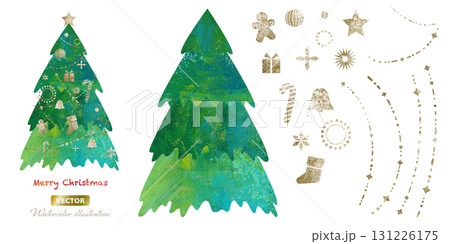 ペイントテクスチャのグリーンのクリスマスツリーと、ゴールドのオーナメントのイラストセット。（ベクター 131226175