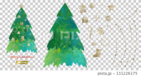 ペイントテクスチャのグリーンのクリスマスツリーと、ゴールドのオーナメントのイラストセット。（ベクター 131226175