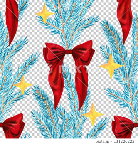 Seamless hand-drawn watercolor pattern with blue spruce branches and red bows on a white background. For Christmas and New Year textile and packaging design Seamless hand-drawn watercolor pattern with blue spruce branches and red bows on a white background. For Christmas and New Year textile and packaging design 131226222