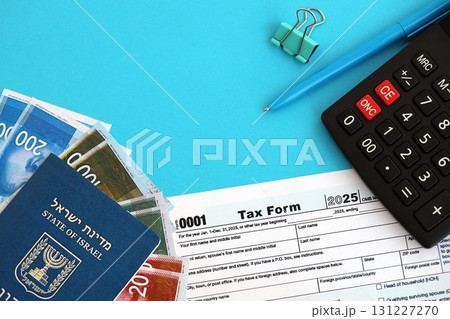 Israel new shekels money with passport and tax form on flag. The current Israel money and blank 131227270