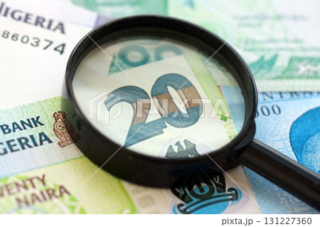 Nigerian naira currency money bills and magnifying glass. The concept of financial monitoring and taxation 131227360