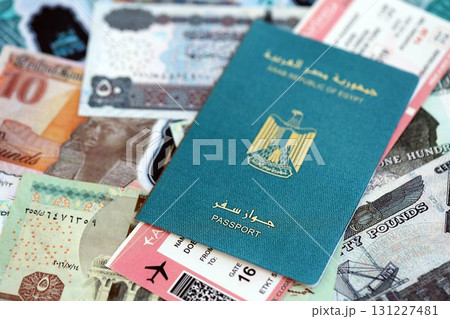 Egyptian pound currency money bills with tickets and passport. The concept of travel and vacation 131227481