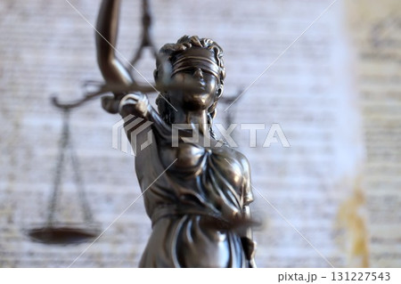 Lady Justice bronze statue and US Constitution blurred page close up. Lawsuit and justice in US Lady Justice bronze statue and US Constitution blurred page close up. Lawsuit and justice in US 131227543