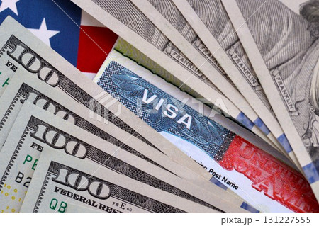 Travel visa background, Work and Travel VISA, Immigration with Dollars banknotes on US flag 131227555
