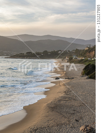Sunset at Santana Beach view Golf at Sagone Corsica France beautyful sand Beach boats mountain village Tourism concept Sunset at Santana Beach view Golf at Sagone Corsica France beautyful sand Beach boats mountain village Tourism concept 131227805