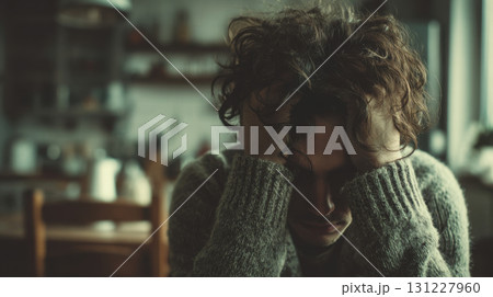 Seasonal depression. Person with curly hair sits at table, head in hands, in dimly lit room, conveying stress or contemplation 131227960