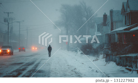 Seasonal depression. Solitary figure walks down snow covered street during heavy snowfall, with cars and houses barely visible through blizzard 131227982
