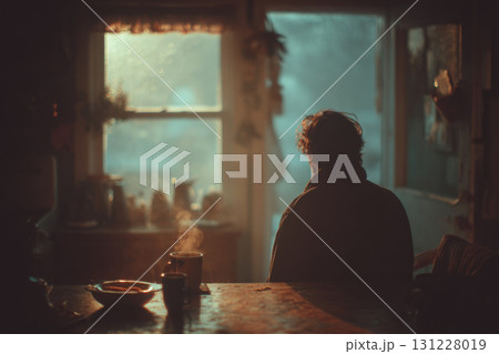 Seasonal depression. Person sits in dimly lit room, gazing out window with warm light streaming in 131228019