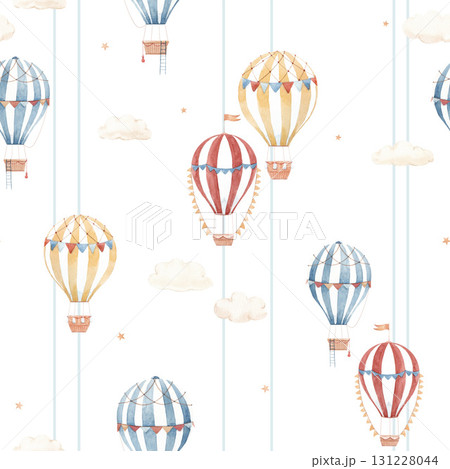 Cute watercolor seamless pattern with striped hot air balloons and soft clouds. Perfect for nursery wallpaper, kids room decor, textile design. 131228044