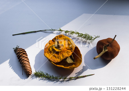 Dried pumpkin - container with a lid and a dried mandarin with a leaf, horsetail, and a spruce cone on a white background. Still life. 131228244