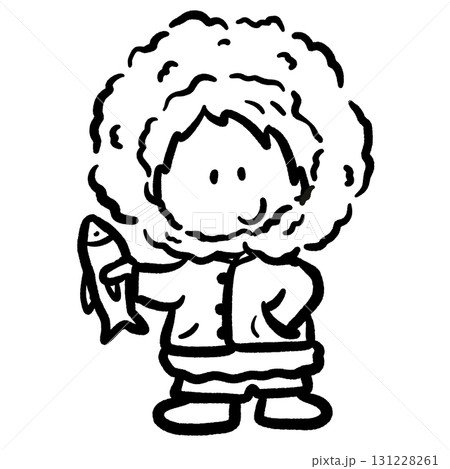 Cartoon Inuit child holding a fish outline doodle illustration Cartoon Inuit child holding a fish outline doodle illustration 131228261