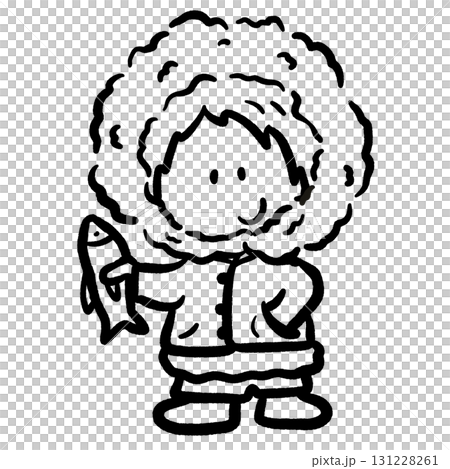 Cartoon Inuit child holding a fish outline doodle illustration Cartoon Inuit child holding a fish outline doodle illustration 131228261