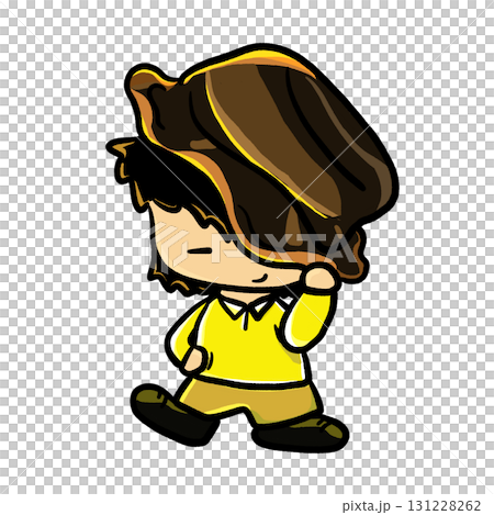 Boy holding large brown hat with dancing gesture cartoon illustration 131228262