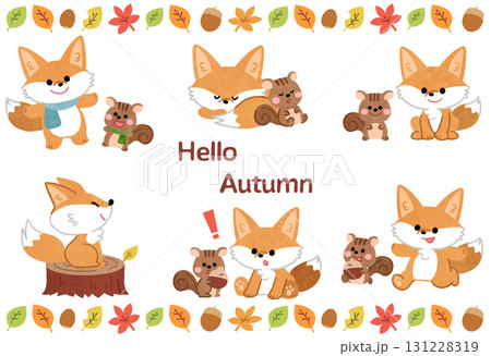 かわいいキツネとリスと紅葉のアイコンイラストセット 131228319