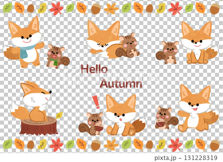 かわいいキツネとリスと紅葉のアイコンイラストセット 131228319