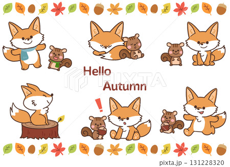 かわいいキツネとリスと紅葉のアイコンイラストセット 131228320