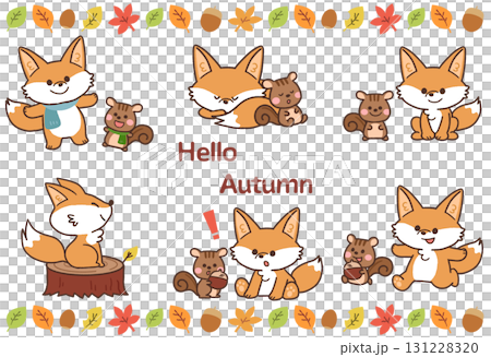 かわいいキツネとリスと紅葉のアイコンイラストセット 131228320