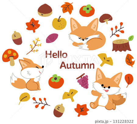 カラフルな秋と紅葉とキツネのアイコンイラストセット 131228322