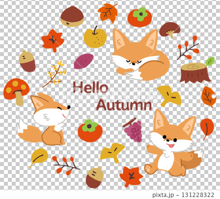 カラフルな秋と紅葉とキツネのアイコンイラストセット 131228322