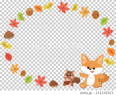 Round frame illustration of autumn leaves, foxes and squirrels Round frame illustration of autumn leaves, foxes and squirrels 131228323