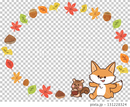 Round frame illustration of autumn leaves, foxes and squirrels Round frame illustration of autumn leaves, foxes and squirrels 131228324