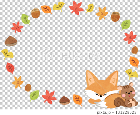 Round frame illustration of autumn leaves and a sleeping fox and squirrel 131228325