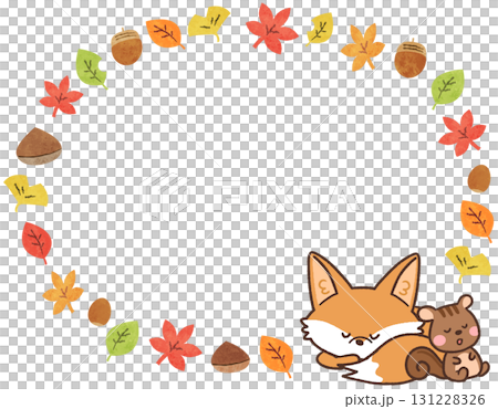 秋の紅葉と眠るキツネとリスの丸いフレームイラスト 131228326