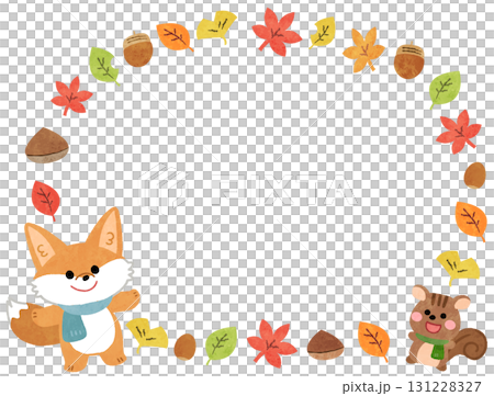 Autumn leaves and cute fox and squirrel frame illustration 131228327