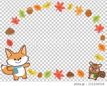 Autumn leaves and cute fox and squirrel frame illustration 131228328