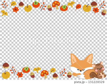 秋の紅葉とキツネとリスのシンプルフレームイラスト 131228329