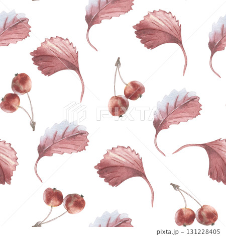 Crab apple and red leaves watercolor seamless pattern isolated white. Monochrome red watercolor autumn print. Hand painted wild apple and leaves soft autumn tones. Vintage botanical repeat background. Crab apple and red leaves watercolor seamless pattern isolated white. Monochrome red watercolor autumn print. Hand painted wild apple and leaves soft autumn tones. Vintage botanical repeat background. 131228405