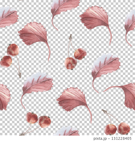 Crab apple and red leaves watercolor seamless pattern isolated white. Monochrome red watercolor autumn print. Hand painted wild apple and leaves soft autumn tones. Vintage botanical repeat background. Crab apple and red leaves watercolor seamless pattern isolated white. Monochrome red watercolor autumn print. Hand painted wild apple and leaves soft autumn tones. Vintage botanical repeat background. 131228405
