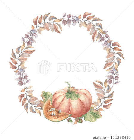 Soft pastel autumn wreath with branches and pumpkins isolated on white. delicate watercolor foliate twigs circle frame hand painted. Neutral rustic farm fresh seasonal produce artwork for print. Soft pastel autumn wreath with branches and pumpkins isolated on white. delicate watercolor foliate twigs circle frame hand painted. Neutral rustic farm fresh seasonal produce artwork for print. 131228419