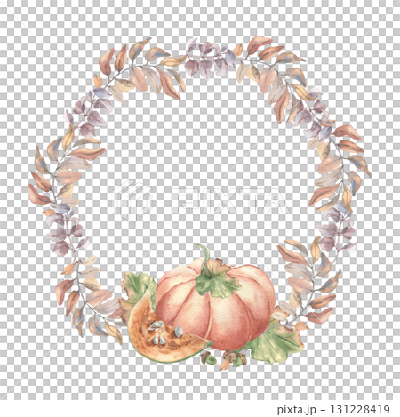Soft pastel autumn wreath with branches and pumpkins isolated on white. delicate watercolor foliate twigs circle frame hand painted. Neutral rustic farm fresh seasonal produce artwork for print. Soft pastel autumn wreath with branches and pumpkins isolated on white. delicate watercolor foliate twigs circle frame hand painted. Neutral rustic farm fresh seasonal produce artwork for print. 131228419