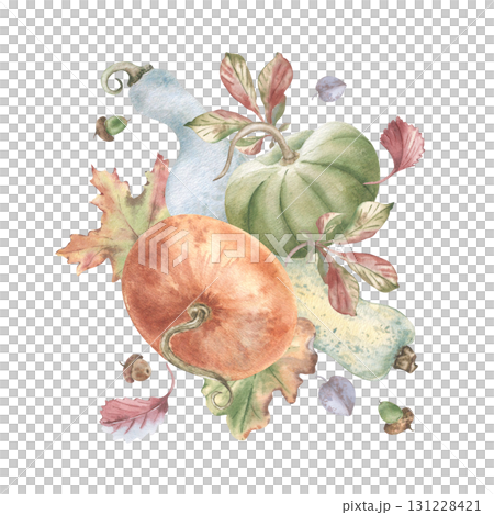 Flying pumpkins with autumn foliage in warm vintage colors hand painted. Watercolor illustration of different pumpkins, acorns, and leaves in motion isolated on white. Vegetables festive fall cards. Flying pumpkins with autumn foliage in warm vintage colors hand painted. Watercolor illustration of different pumpkins, acorns, and leaves in motion isolated on white. Vegetables festive fall cards. 131228421