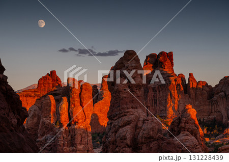 Red rock landscape during sunset with beautiful moon above in Arches National Park, Utah, USA 131228439