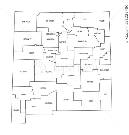 State of New Mexico, divided into 33 counties, outline map. State in the Southwestern region of the United States, one of the Mountain States, nicknamed The Land of Enchantment. Isolated illustration. 131228480