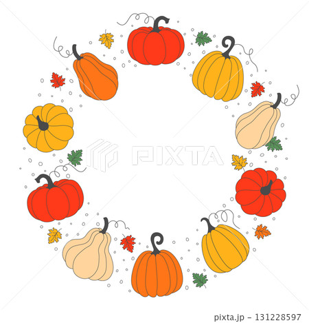 Autumn wreath with pumpkins and leaves. Bright vector illustration with pumpkins circle frame and space for text inside. Perfect for Thanksgiving, Halloween, seasonal decor, and autumn themed projects Autumn wreath with pumpkins and leaves. Bright vector illustration with pumpkins circle frame and space for text inside. Perfect for Thanksgiving, Halloween, seasonal decor, and autumn themed projects 131228597