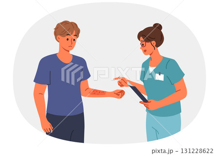 Man with allergies seen by doctor examining rash and redness of skin caused by influence of allergen Man with allergies seen by doctor examining rash and redness of skin caused by influence of allergen 131228622