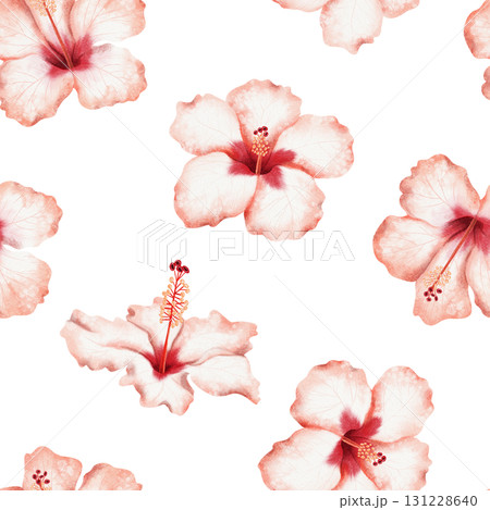 Simple watercolor hibiscus flowers seamless pattern on white. Bright red summer blooming repeat background for tropical wedding designs in Hawaiian style. Hand drawn floral backdrop Simple watercolor hibiscus flowers seamless pattern on white. Bright red summer blooming repeat background for tropical wedding designs in Hawaiian style. Hand drawn floral backdrop 131228640