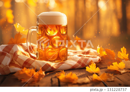 秋の森で飲む、おいしい生ビール　AI画像 131228737